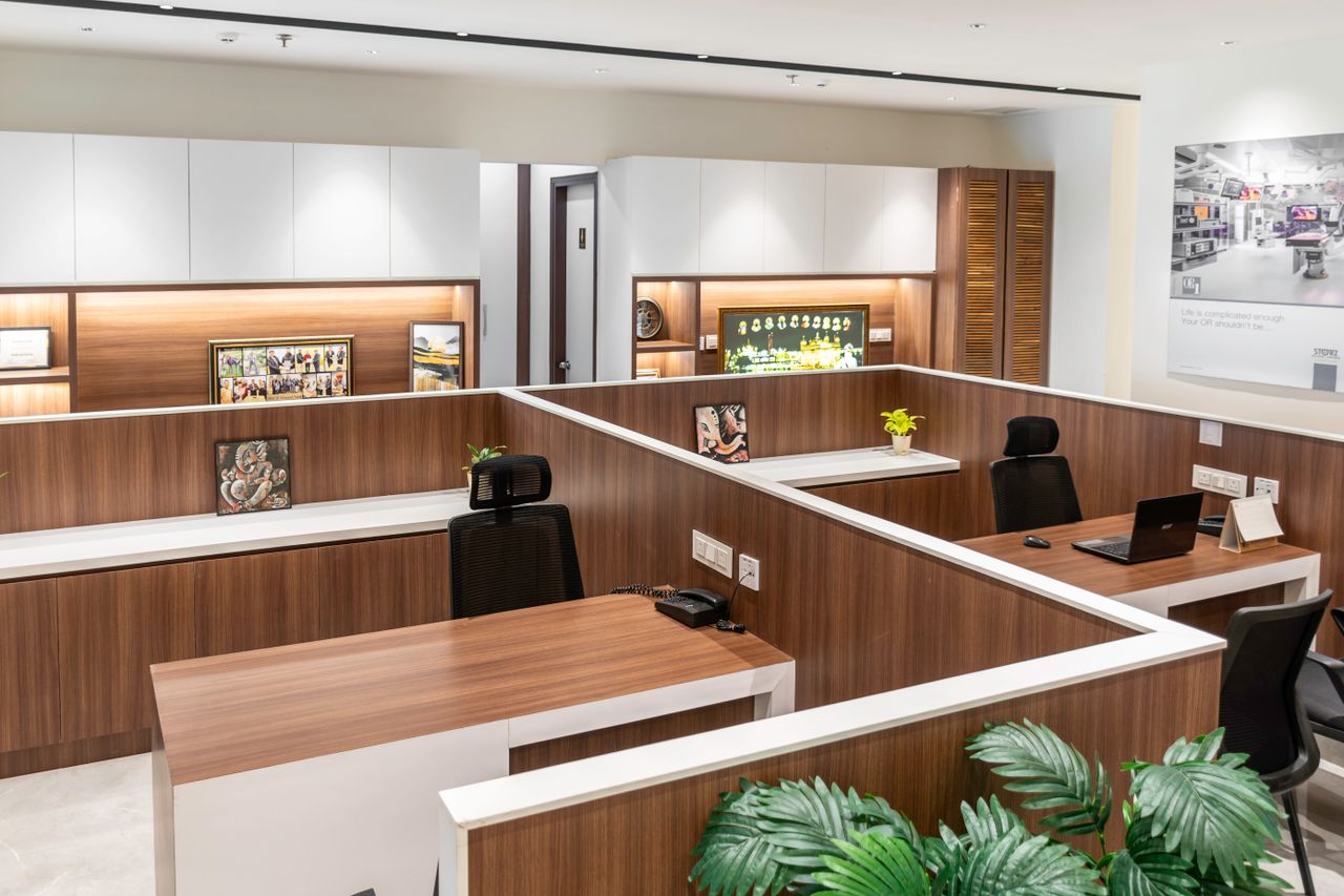ours-journey Contemporary office cubicles in a sleek, modern design with wood accents.